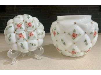 Vintage Quilted Lidded Milk Glass Jar With Hand Painted Roses