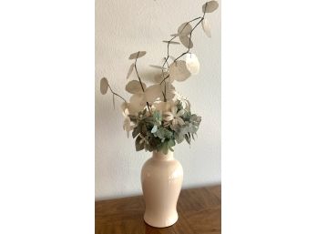 Large Ivory Colored Vase With Silk Flowers & Capiz Shells