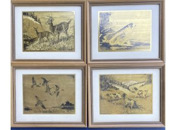 Lot Of 4 Mid Century Gold Etchings By Ettinger Churchill