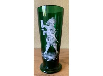 Vintage Green Glass With White Hand Painted Man