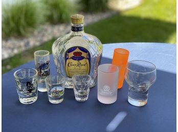 Crown Royal Bottle And Bag With Assorted Shot Glasses
