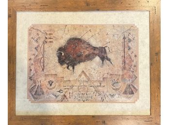 Framed Western Style Print Depicting Buffalo Hunt