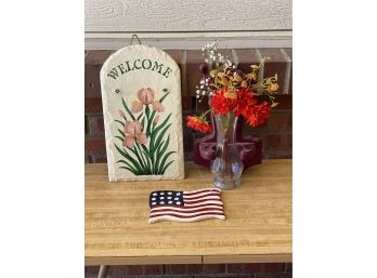 3 Pc. Decor With Hand Painted Slate Welcome Sign And More