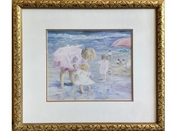 Children At Sea With Pink Umbrella