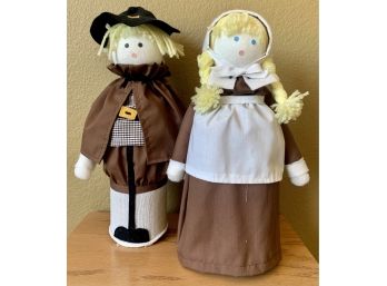 Pair Craft Made Pilgrim Couple On Weighted Jar Base