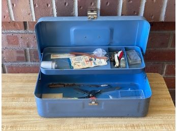Vintage Blue Metal Fishing Box With Some Fishing Items