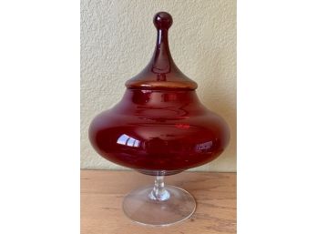 Hand Blown Footed Cranberry Glass Lidded Candy Dish