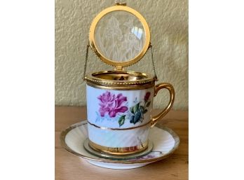 Cup/Saucer Trinket Box With Iris Lid And Gold Accents