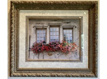 Print Of Flowers By Window In Leaf Vine Frame, Matted In Cream/gray
