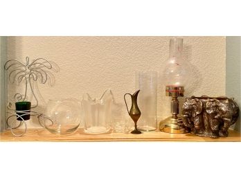Assorted Decor Including Brass Candle With Glass Shade