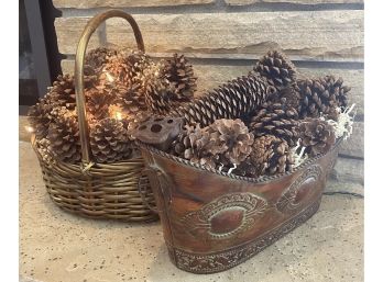 Two Baskets With Decorative Pine Cones