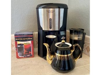 Coffe And Tea Brewing Lot Including Hamilton Beach Brewer, Coffee Grinder, Heated Auto Mug, And Hall Teapot