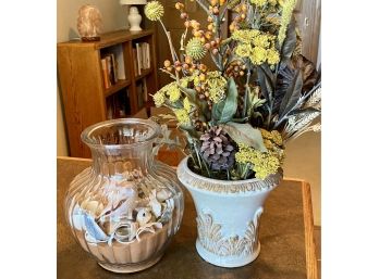 Pretty Vase With Faux Flowers And Glass Vase Filled With Sand And Shells