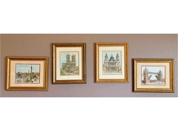 Four Bernard Smith Watercolor Prints In Gold Toned Frames