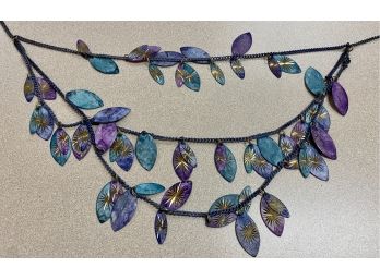 Pretty Purple And Blue Leaf Necklace With Matching Earrings