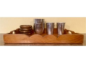 Wooden Tray With Coasters, River Pewter Cups, And Two Additional Metal Cups