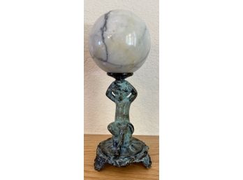 Marble Globe On Metal Vase With Verdigris Finish (2 Pieces)