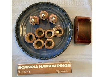 Signed Stoneware Platter With Pigs, Mexican Stoneware Napkin Rings, Scandia Napkin Rings, And Rosewood Box