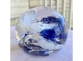 Handblown Blue And White Swirl Paperweight (2.5 Inches Tall)