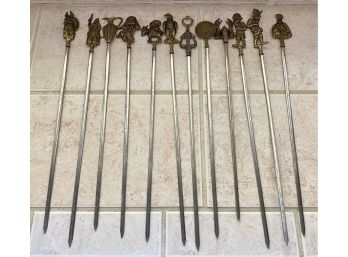 Lovely Vintage Stainless Skewer Set Made In Turkey With Solid Brass Toppers (12 Pieces)