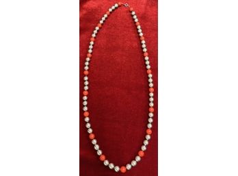 Nice Silver Toned Beaded Necklace With Red Accent Beads