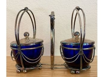 Vintage Silver Plate And Cobalt Glass (7 Piece) Condiment Caddy