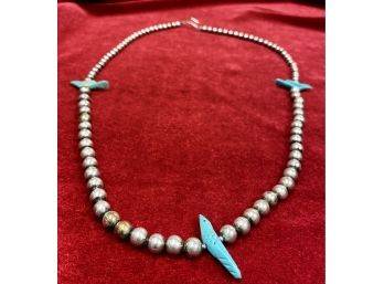 Silver Toned Beaded Necklace With Small Turquoise Colored Fetishes