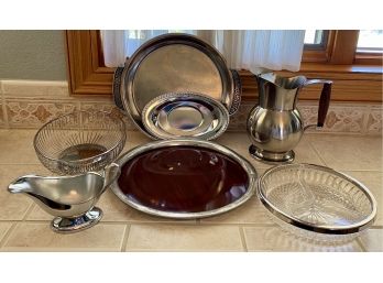 Metal Serving Pieces Including Vintage 13 Inch Formica Platter