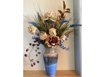Signed Pottery Vase With Silk Flowers