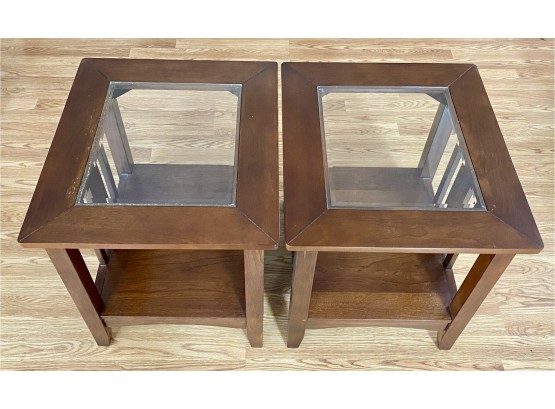 (2) Matching Glass Top Side Tables With Bottom Shelves