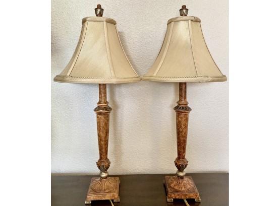 2 Matching Copper Toned Lamps With Beige Shades