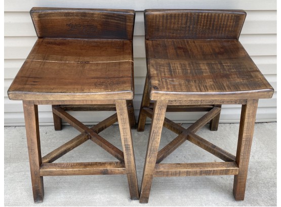 Two Natural Wood Solid Wooden Barstools