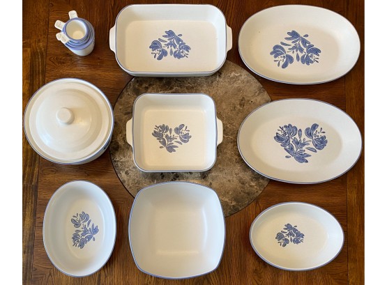 Lot Of Pfaltzgraff Stonewear Including Lidded Baker, Measuring Cups, And Large Serving Platters