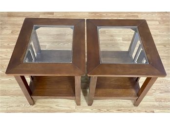 (2) Matching Glass Top Side Tables With Bottom Shelves