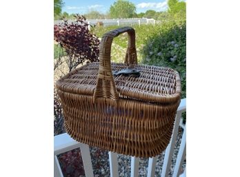 Vintage Double Hinged Lidded Basket With Leather Strap And Brass Accents