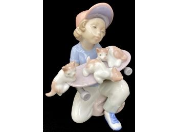 Authentic Retired Lladro 'Little Riders' Boy With Skateboard And Kittens