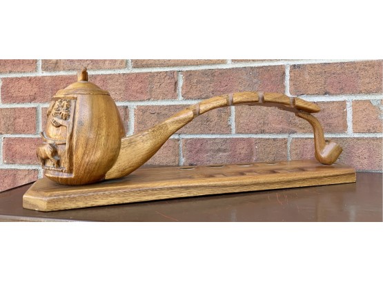 Wood Carved Vintage Pipe Stand W/ Asian Design
