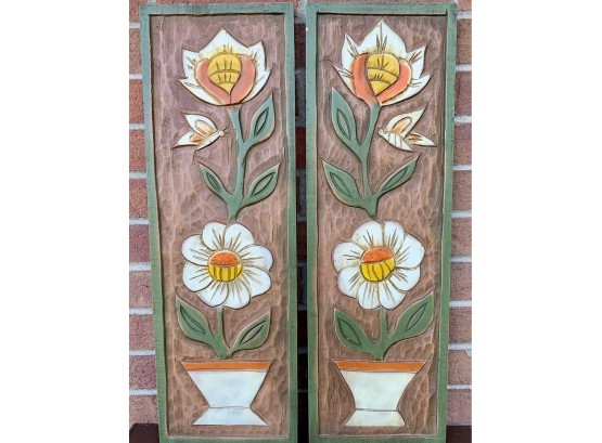 Pair Of MCM Plaster Wall Decor With Flowers