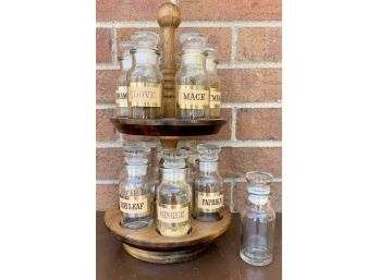 Vintage Wood Spice Rack & Glass Bottles