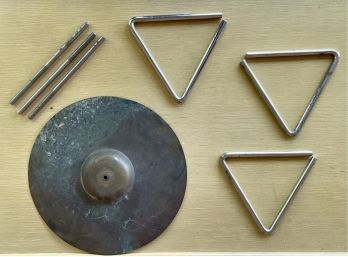 7 Pc. Music Related Items W/3 Triangles & Brass Cymbal