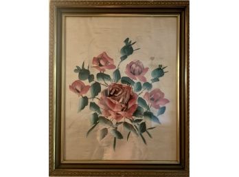 Silk Picture With Hand Painted Roses In Gold Frame