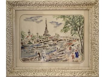 Beautiful Vintage Paris Scene On Silk In Ornate White/ Gold Accent Frame