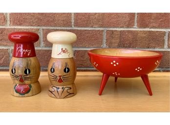 3Pc. Vintage Wood Salt And Pepper Shakers & Candy Dish Lot