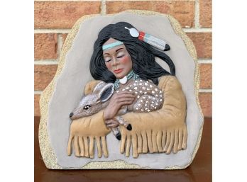 Ceramic Rock Like Decor Of Native American Woman With Fawn