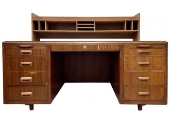 Large Vintage Desk With Shelf & Glass Top