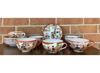 12Pc. Tea Cups With Hand Painted Saucers Oriental Motif