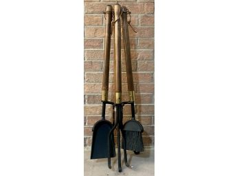 Fireplace Tool Set With Wood Handles & Wrought Iron Stand