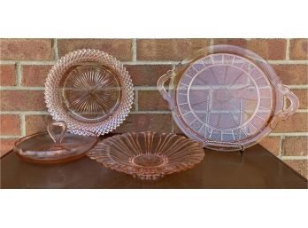 4 Vintage Pink Glass Serving Pieces