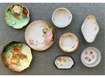 8 Pc. Vintage Painted China Plates With Flowers & Gold Trim