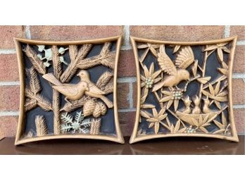 2 Vintage Plaster Wall Plaques With Birds